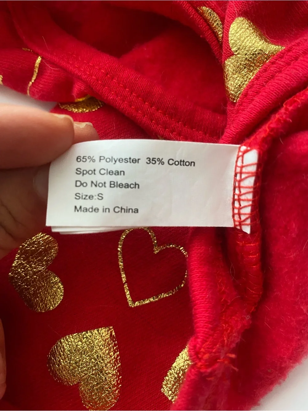 Red Gold Foil Heart Print Valentine’s Day Dog Hoodie w Leash Harness Hole Small